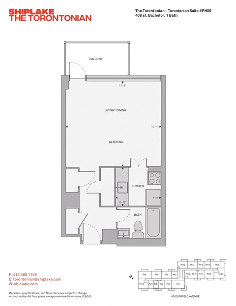 Floor plan for studio, 1 bath, 408 sqft